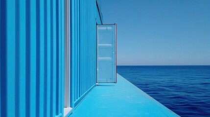 Container box rests on ship against endless blue horizon