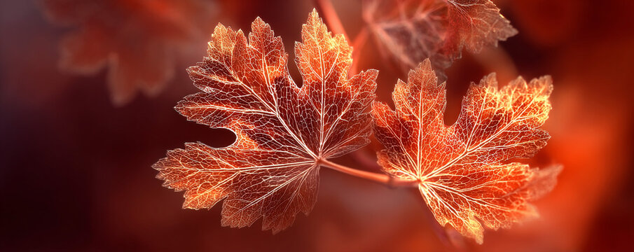 Transparent leaf skeleton with burnt orange glow over warm blurred maple-red background 32k ultra HD