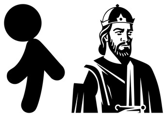 Obraz premium King with Crown and Sword Facing Stick Figure Silhouette
