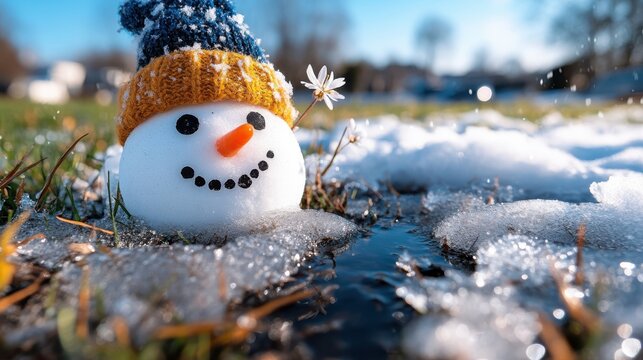 Snowman welcoming spring on melting snow with blooming flowers