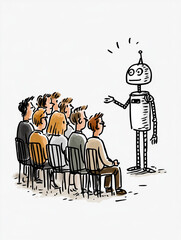 Robotic Presentation: A meticulously illustrated presentation unveils the intriguing fusion of artificial intelligence and human interaction. A robot captivates an audience.