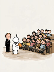 Teaching Robot at Lecture Hall: A sleek, modern robot stands before a class of attentive children in a classic lecture hall. A human teacher supervises as the robot presents a book.