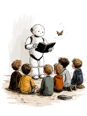 Robot Reading to Children: A kind, humanoid robot captivating children with an intriguing book, illustrating themes of education, learning, and futuristic technology.