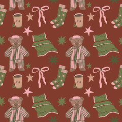 Hand-drawn seamless pattern with a cute bear wearing an eye mask, tea cup, stars, bow, socks and cozy bed elements. Perfect for kids textiles, pajamas, wallpaper and wrapping paper.