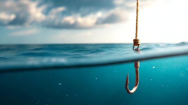 Rusty fishing hook suspended underwater with clear blue ocean water