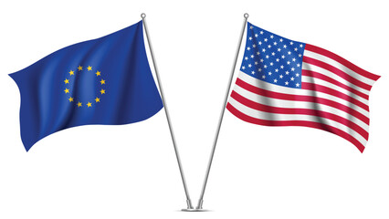 High Quality background with Two Standings Wavy Flags of EU and USA