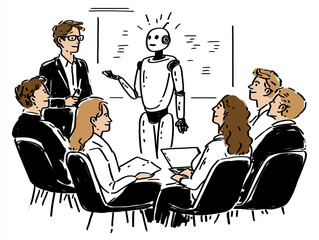 Meeting with Robot: A sketch depicting a futuristic business meeting with a humanoid robot leading a presentation, capturing innovation, collaboration.
