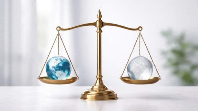 Golden scales balance two globes representing Earth and transparency.