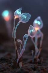 Luminous Fungi Glow in the Dim Light of the Enchanted Forest Floor Scene