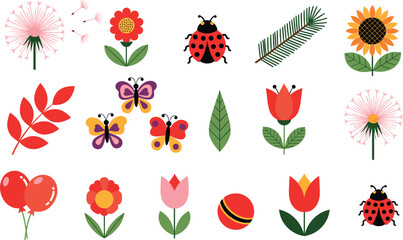 Spring nature collection with colorful flowers butterflies ladybugs and dandelion illustration
