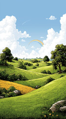 Rolling Hills and Rainbow: A vibrant, sunny landscape of rolling green hills, lush meadows, and a vibrant rainbow arches gracefully across a bright blue sky, the scene evoking feelings of peace.