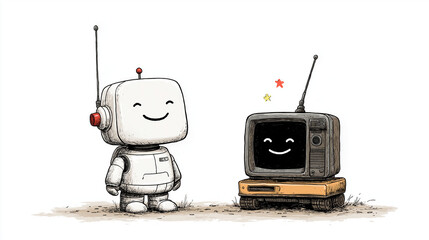 Robot and Television Friendship: An endearing illustration shows a friendly robot and a vintage television, sharing a connection, evoking feelings of nostalgia and technological companionship. 