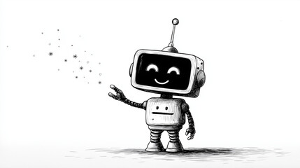 Robot Icon: A charming monochrome depiction of a friendly robot character, poised in a gesture of greeting or farewell, surrounded by whimsical floating stars. 