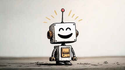 Cheerful Robot: A charming robot with a beaming smile radiates positivity and technological innovation in this whimsical illustration, embodying friendliness and the future of innovation.