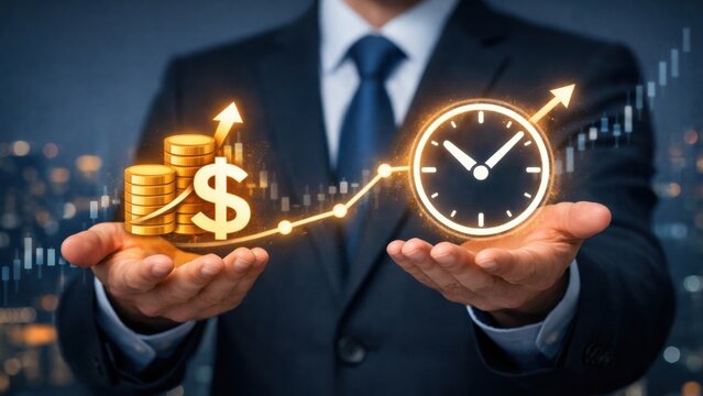 Businessman balancing time and money with a financial growth graph.