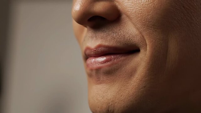 Asymmetrical smile forming. A cinematic close-up of a mouth where a faint smirk gradually appears on one side, suggesting quiet confidence.
