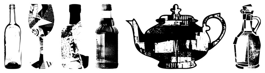 Obraz premium Vintage Glassware and Ceramic Teapot Set in Halftone Vector Style