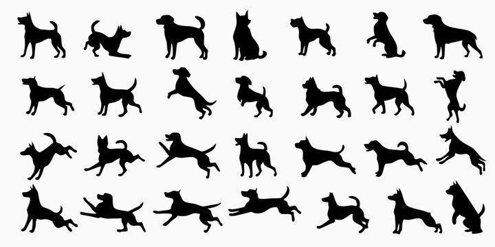 Collection of diverse dog silhouettes in various playful and active poses