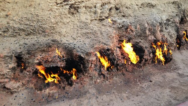 Yanardag, the Burning Mountain, in Baku, Azerbaijan. Landscape of Yanardag fire mountain with natural gas
