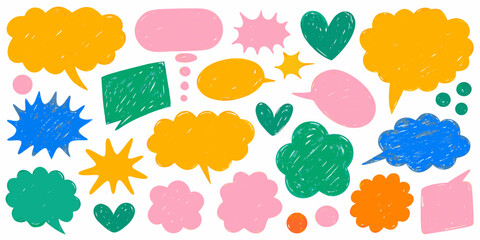 Colorful hand drawn speech bubbles hearts and stars on a white background