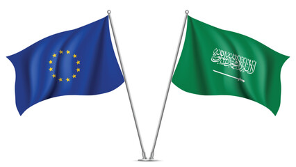 High Quality background with Two Standings Wavy Flags of Saudi Arabia and European Union