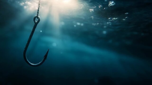 A large metal fishing hook suspended underwater with sunlight shining through