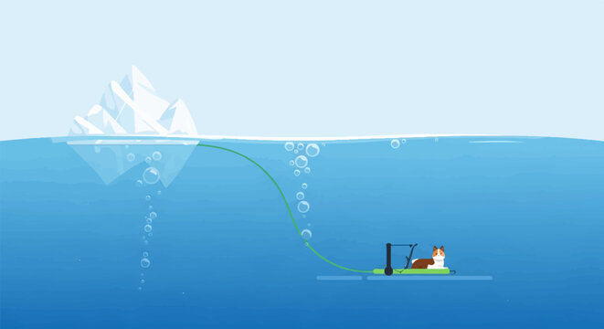 A cat fishes from a tiny boat near a submerged iceberg, with bubbles rising