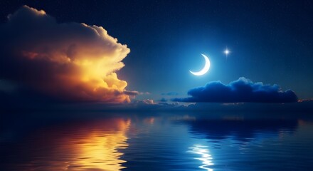 Celestial Night: Crescent Moon, Bright Star, and Luminous Clouds Mirrored on Tranquil Water &ndash; A Spiritual Scene for Ramadan and Eid Mubarak