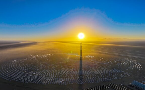 Aerial Solar Thermal Power Plant at Sunrise
