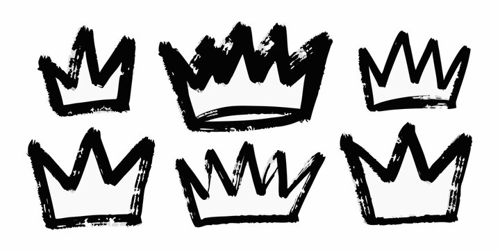 A collection of six hand drawn black crown illustrations on a white background