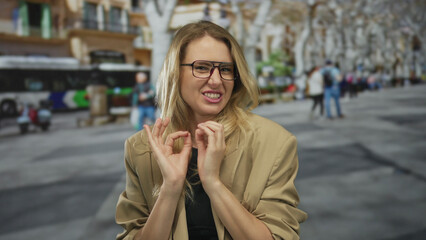 Fototapeta premium Woman with blonde hair smiling and gesturing on a busy city street with blurred people and buses in the background, capturing an outdoor urban scene.