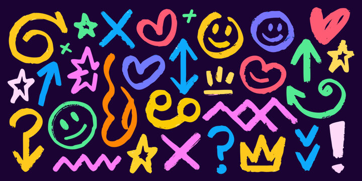 Colorful doodle art featuring hearts stars smiley faces and various playful symbols
