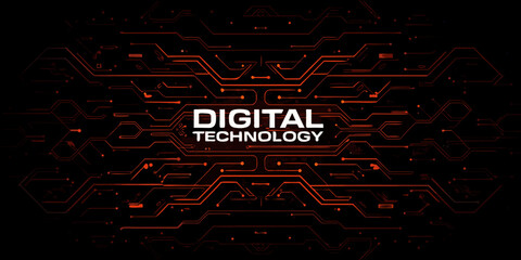 Abstract digital technology background with glowing red circuit patterns and text
