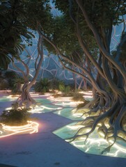 Futuristic Conservatory: Lush Greenery and Luminous Light Display Inside