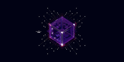 A glowing purple isometric cube with connecting lines against a dark background © Dibyendu