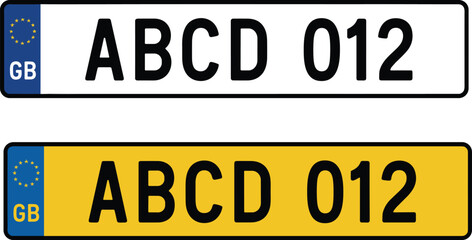 UK car license plate vector set, British vehicle registration number plates with EU GB symbol, white and yellow designs isolated on white background