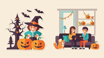 A cheerful witch with pumpkins and bats, and people with dog celebrating Halloween