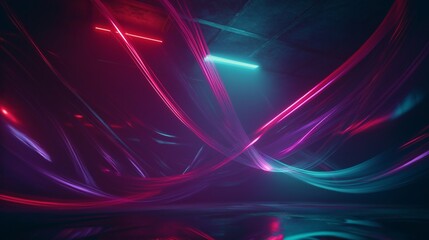 Abstract Neon Light Trails in a Dark Room, Glowing Lines and Reflection