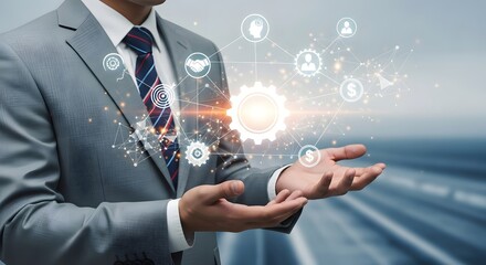 Businessman presenting digital network technology innovation solution and business growth plan