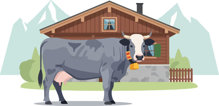 A cow with a bell stands before a rustic mountain cabin