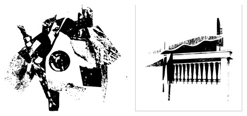 Obraz premium Abstract Black and White Graphic of Fragmented Birdhouse and Balcony Railing
