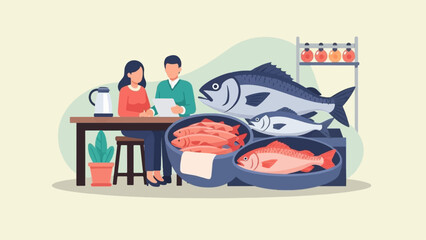 A couple reviews seafood selection at a market, with fresh fish display