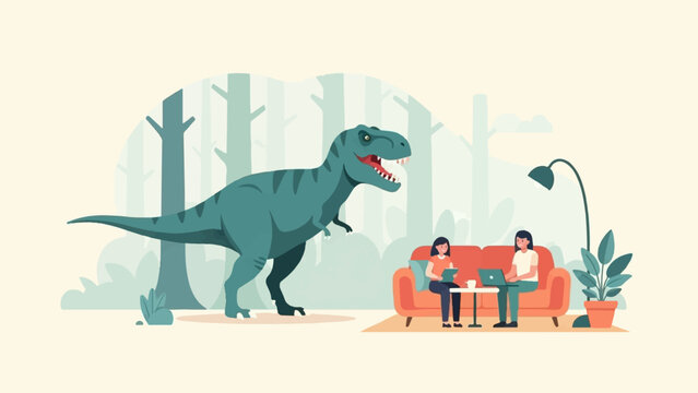 A dinosaur appears in a serene forest scene with two people on a couch