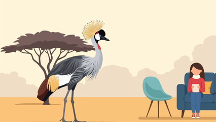 Fototapeta premium A crested bird stands near a tree, while a girl sits on a sofa with a book