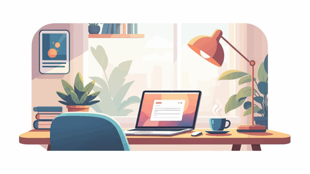 A cozy workspace with a laptop, lamp, plants, and coffee on a desk