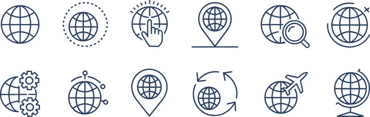 Global internet line icon collection, world globe symbols for web navigation, location, search, settings and travel, modern outline vector UI set