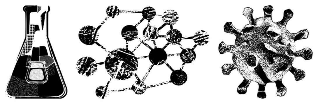 Scientific Glassware, Molecular Structure, and Viral Particle Vector Illustration