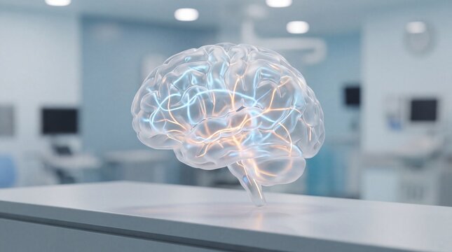 Glowing brain model on medical office countertop with modern equipment
