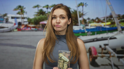 Fototapeta premium Young caucasian woman holding a clear jar packed with dollar bills in front of moored boats at a sunny seaside port; uncertainty.