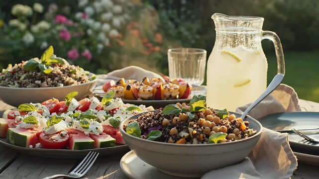 Freshly prepared food display outdoors with refreshments and natural setting